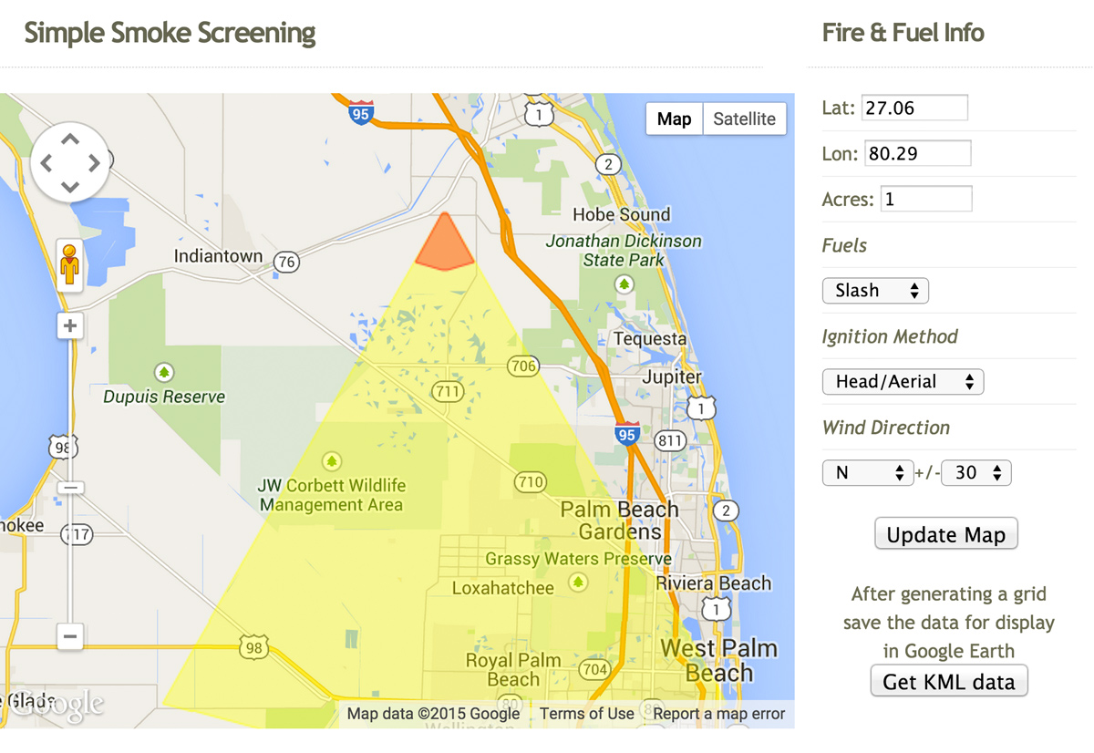 Simple Smoke Screening tool output showing smoke dispersion prediction map — a steady north wind avoids spreading smoke onto major roads